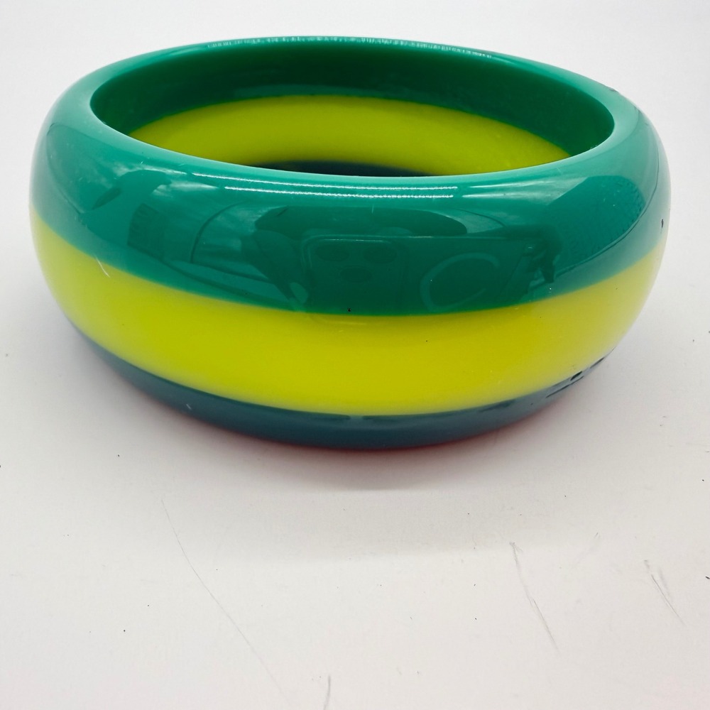 Vintage Green Teal Yellow Lucite Bangle Bracelet Stripe Chunky Petite Fit 7"
